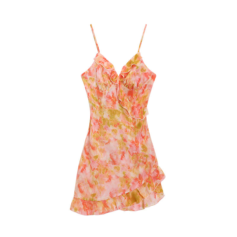 Fashion Floral Strap Dress Women Pink Skirt